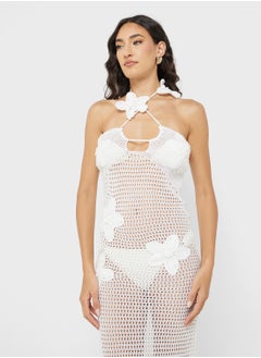 Ginger Halter Neck Floral Crosage Detail Crochet Beach Dress  - Image 3