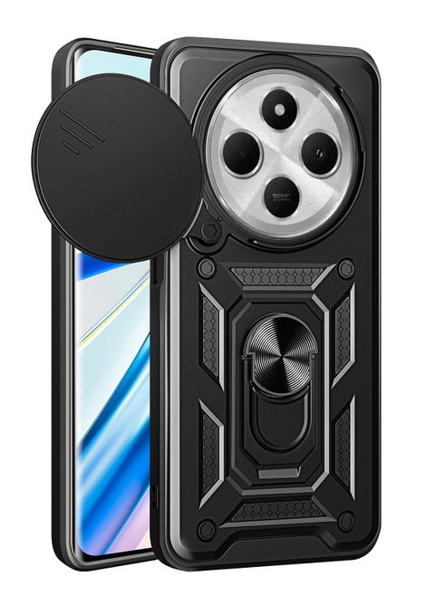 Case Cover Shockproof Window Protective Case with Camera Protection and Metal Ring Compatible with   Redmi 14C 4G / Poco C75 4G (Black)