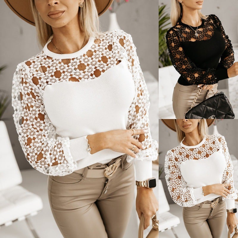 New Hollow Lace Stitching Round Neck Long Sleeve Shirt - Image 2