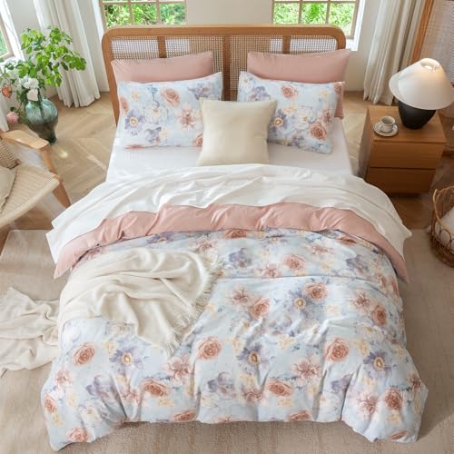 TISPLR Queen Size Comforter Floral 3 Pieces Soft Chic Crinkle Gauze Fabric Peony Floral Print Lightweight Botanical Flower Comforter for All Seasons Luxury Warmth Comfy Breathable with 2 Pillowcases - Image 5