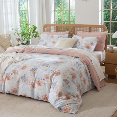 TISPLR Queen Size Comforter Floral 3 Pieces Soft Chic Crinkle Gauze Fabric Peony Floral Print Lightweight Botanical Flower Comforter for All Seasons Luxury Warmth Comfy Breathable with 2 Pillowcases - Image 4