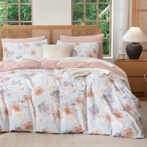 TISPLR Queen Size Comforter Floral 3 Pieces Soft Chic Crinkle Gauze Fabric Peony Floral Print Lightweight Botanical Flower Comforter for All Seasons Luxury Warmth Comfy Breathable with 2 Pillowcases - Image 1