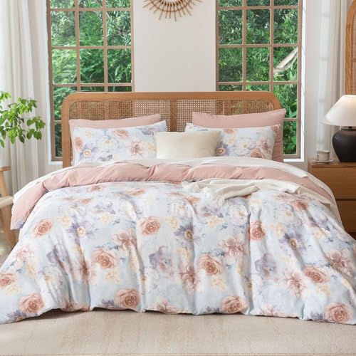TISPLR Queen Size Comforter Floral 3 Pieces Soft Chic Crinkle Gauze Fabric Peony Floral Print Lightweight Botanical Flower Comforter for All Seasons Luxury Warmth Comfy Breathable with 2 Pillowcases - Image 3