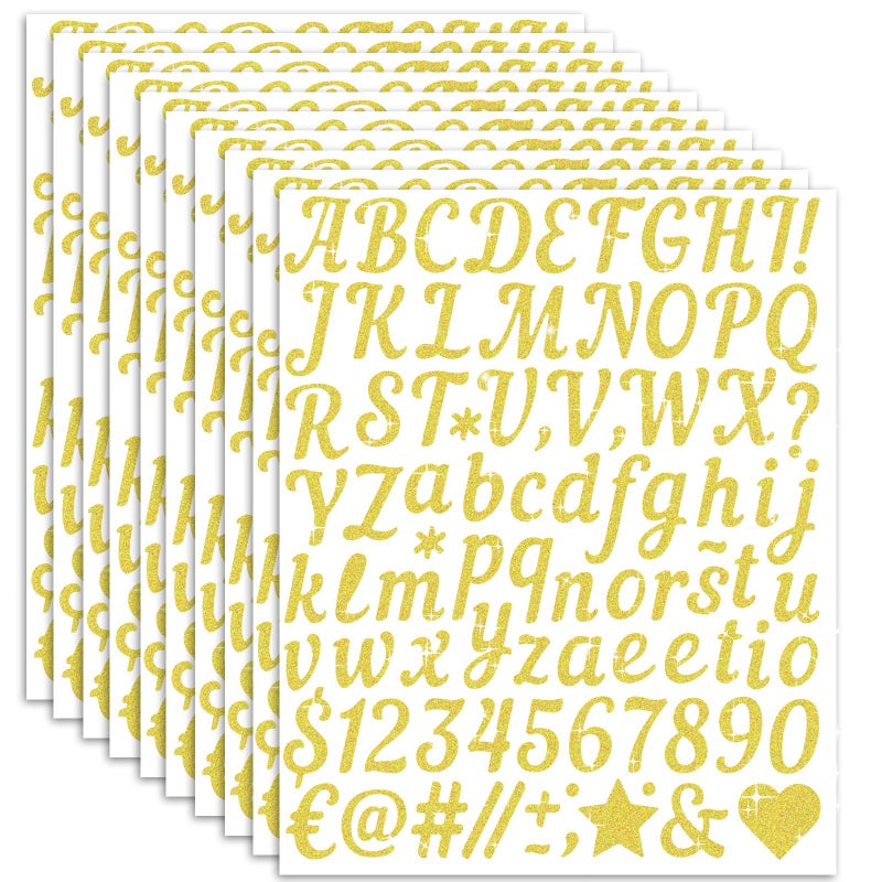 JAMIEWIN 880 PCS Gold Letter Stickers 10 Sheet, Self-Adhesive Glitter Number Alphabet Stickers Waterproof, 1 inch Vinyl Letter Sticker Cursive for DIY Craft Art Graduation Cap Scrapbook Valentine Gift - Image 1
