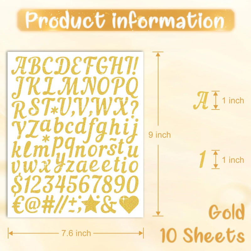 JAMIEWIN 880 PCS Gold Letter Stickers 10 Sheet, Self-Adhesive Glitter Number Alphabet Stickers Waterproof, 1 inch Vinyl Letter Sticker Cursive for DIY Craft Art Graduation Cap Scrapbook Valentine Gift - Image 2