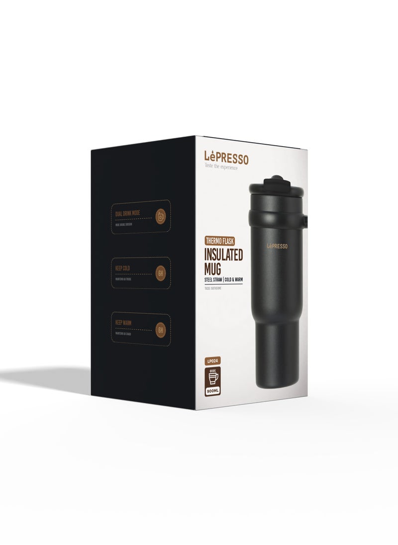 LePRESSO Coffee Mug with Steel Straw 900ml / Keep Warm / Dual Drink Mode / Keep Cold / Stainless Steel Material - Black  - Image 4