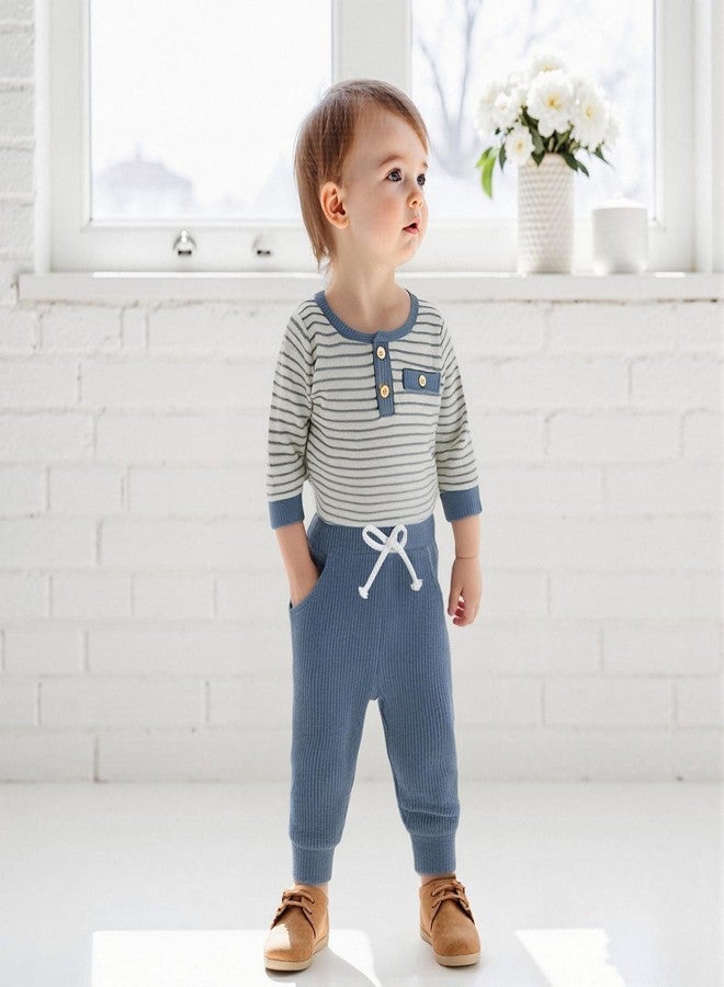 FOMOYUU Newborn Baby Boy Clothes Waffle Striped Long Sleeve Sweatshirt Pullover Tops and Pants Sets Fall Winter Outfits (Blue, 6-12 Months) - Image 5
