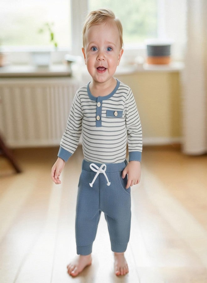 FOMOYUU Newborn Baby Boy Clothes Waffle Striped Long Sleeve Sweatshirt Pullover Tops and Pants Sets Fall Winter Outfits (Blue, 6-12 Months) - Image 3