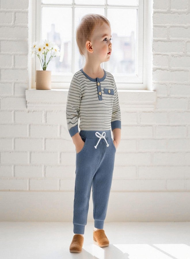 FOMOYUU Newborn Baby Boy Clothes Waffle Striped Long Sleeve Sweatshirt Pullover Tops and Pants Sets Fall Winter Outfits (Blue, 6-12 Months) - Image 2
