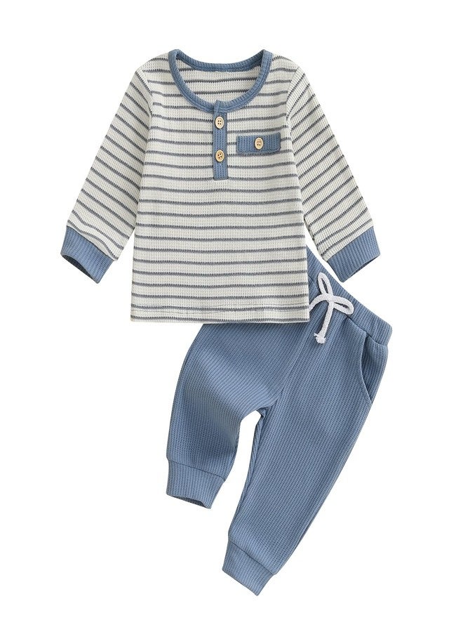 FOMOYUU Newborn Baby Boy Clothes Waffle Striped Long Sleeve Sweatshirt Pullover Tops and Pants Sets Fall Winter Outfits (Blue, 6-12 Months) - Image 1