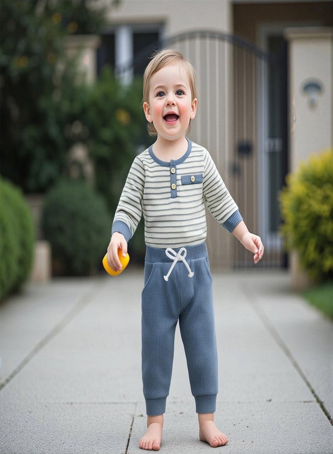 FOMOYUU Newborn Baby Boy Clothes Waffle Striped Long Sleeve Sweatshirt Pullover Tops and Pants Sets Fall Winter Outfits (Blue, 6-12 Months) - Image 4