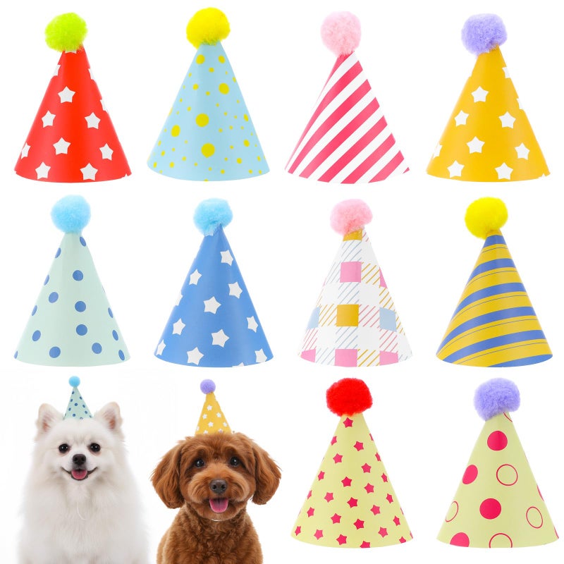 Tucnoeu 10pcs Colorful Mini Party Hats, Cute Dog Party Hats with Pom Poms for Kittens Rabbits Dogs and Stuffed Animals, Adjustable Cone Hat for Birthdays and Celebrations - Image 1