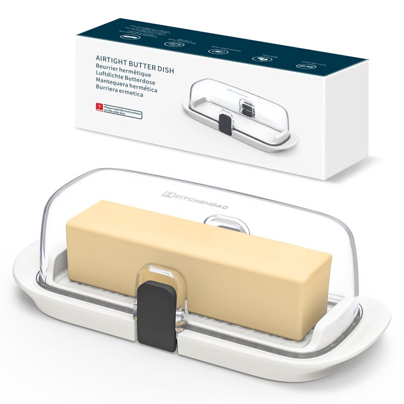 KITCHENDAO One-handed Airtight Butter Dish with Lid for Countertop and Refrigerator Door Shelf, Butter Holder with One Press to Open/Close Secure Latching Buckle for West/East Coast Butter (White) - Image 1