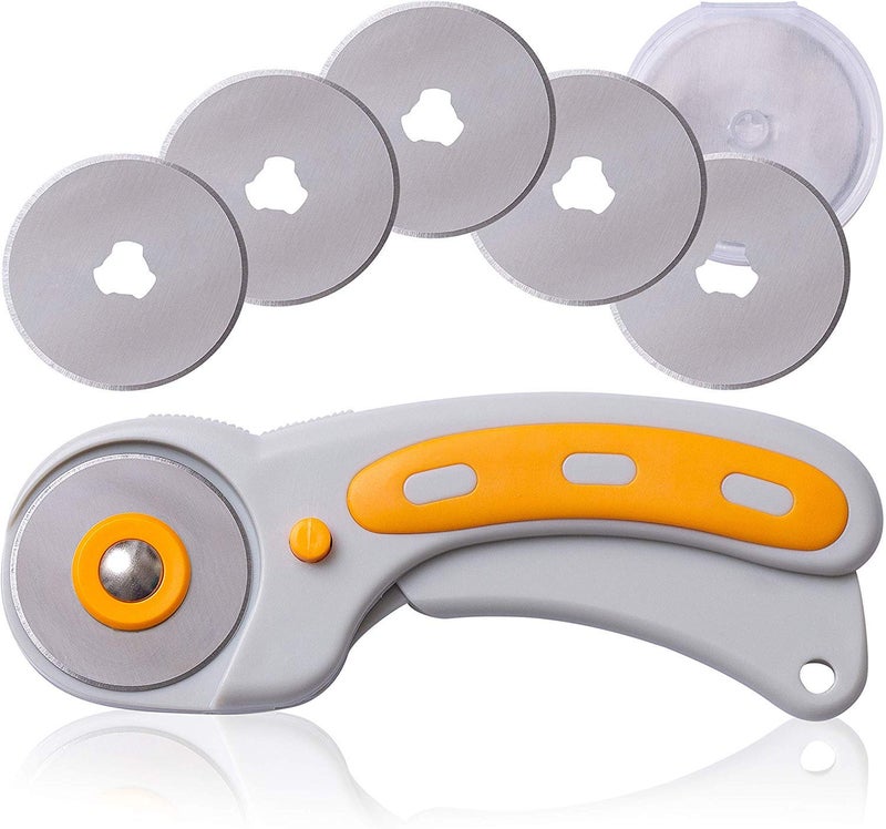 W.A. Portman WA Portman Fabric Cutter Wheel â€“ 45mm Rotary Cutter for Fabric with Safety Lock & 5 Extra Rotary Blades â€“ Ideal for Sewing, Quilting, Crafting & Use with Sewing Cutting Mats with Comfort Grip Handle - Image 1