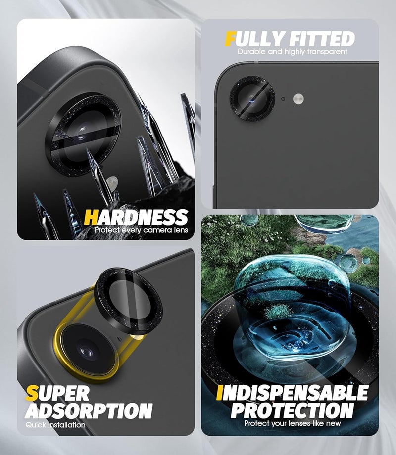 Orzero (3 Pack) Camera Lens Protector Compatible for iPhone 16e, Protector de Cámera Bling Individual 3D Alloy Metal Ring Glass Cover Case Friendly - Glitter Black - Image 5