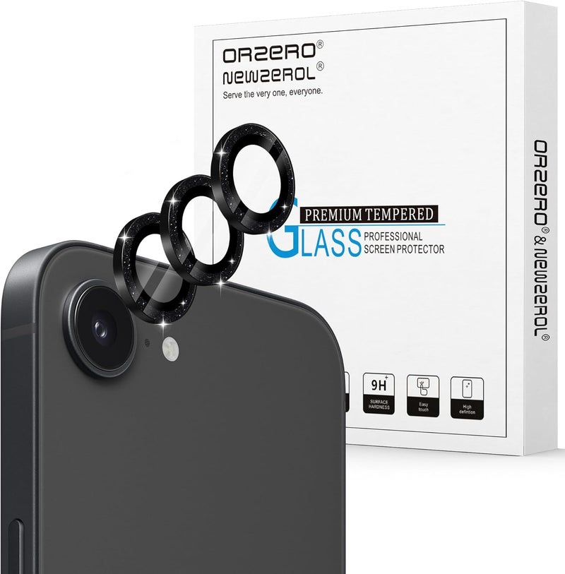 Orzero (3 Pack) Camera Lens Protector Compatible for iPhone 16e, Protector de Cámera Bling Individual 3D Alloy Metal Ring Glass Cover Case Friendly - Glitter Black - Image 1