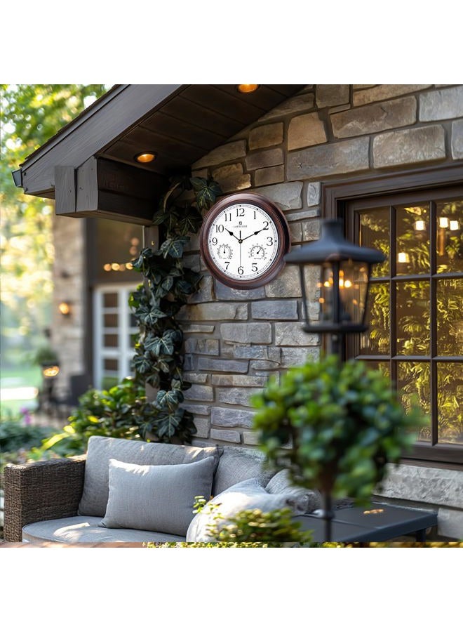 Lafocuse 12 Inch Outdoor Clock Waterproof with Temperature and Humidity, Mahogany Color Vintage Wall Clocks Silent with Thermometer for Garden Patio Pool Porch - Image 5