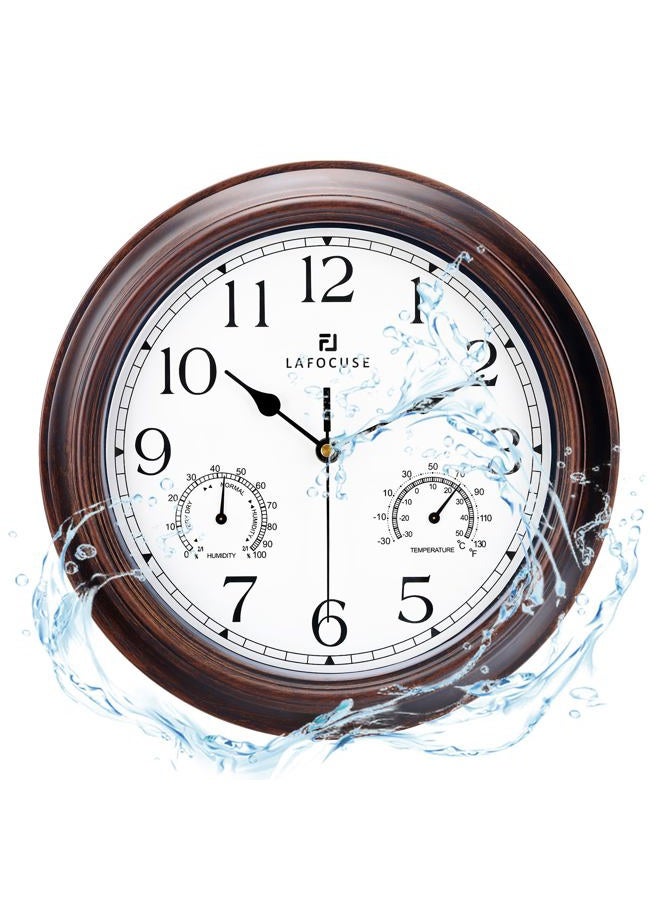 Lafocuse 12 Inch Outdoor Clock Waterproof with Temperature and Humidity, Mahogany Color Vintage Wall Clocks Silent with Thermometer for Garden Patio Pool Porch - Image 1