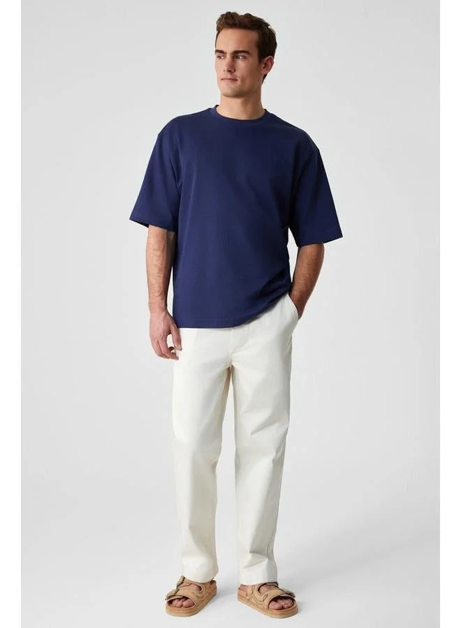 GRIMELANGE DAZMANN Men's Oversized Fit Round Neck Short Sleeve 100% Organic Cotton Navy T-Shirt.