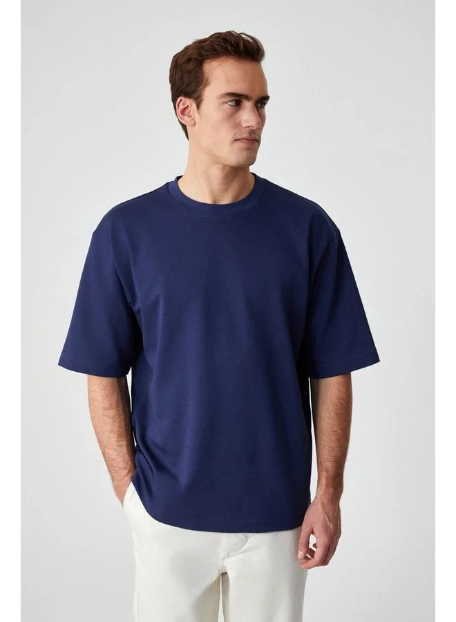 GRIMELANGE DAZMANN Men's Oversized Fit Round Neck Short Sleeve 100% Organic Cotton Navy T-Shirt.