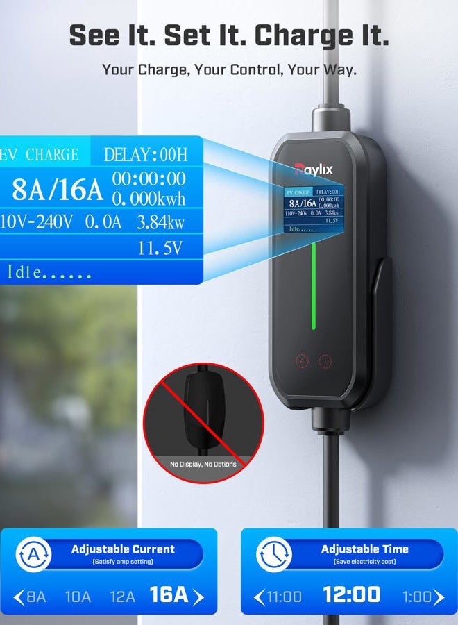 Raylix 2025 Upgraded Level 1 & 2 EV Portable Charger, Adjustable Current & Timer 16A, 110V - 240V, NEMA 5-15 & 6-20 Sockets, 21ft EV Charging Cable, J1772 Electric Charger for - Image 3