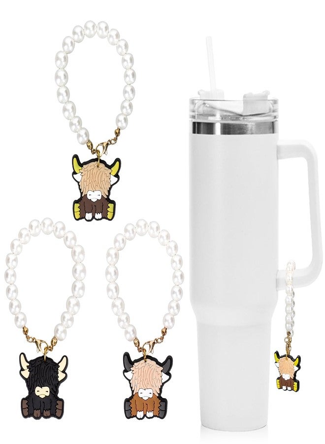 Whaline 3Pcs Pearl Chain for Cup Highland Cow Water Bottle Pearl Chain Cartoon Cow Charm Cute Animal Cup Chain Accessories for 30 & 40 OZ Tumbler with Handle - Image 1