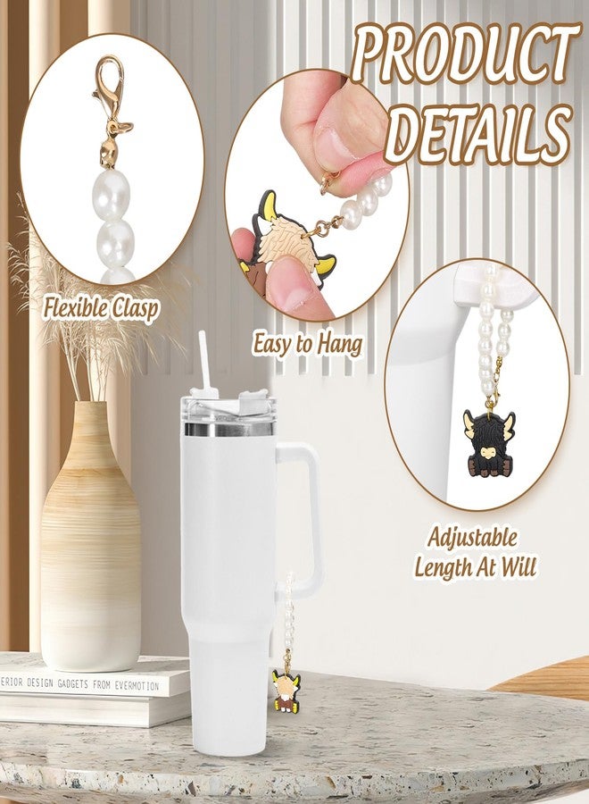 Whaline 3Pcs Pearl Chain for Cup Highland Cow Water Bottle Pearl Chain Cartoon Cow Charm Cute Animal Cup Chain Accessories for 30 & 40 OZ Tumbler with Handle - Image 3