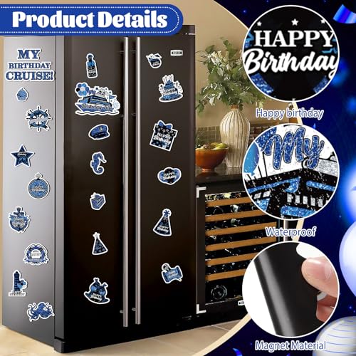 Wayyogh My Birthday Cruise Door Magnets Decorations, Blue Black Silver Happy Birthday Cruise Ship Door Decor Magnetic for Women Men Girls Boys Anniversary Party Supplies Door Refrigerator Fridge Car Kitchen - Image 2