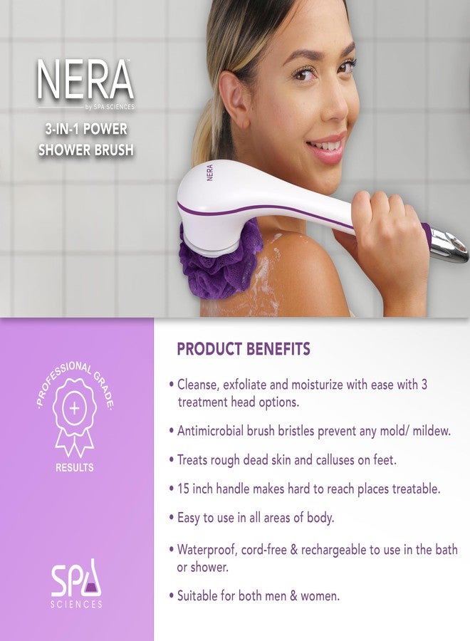 Spa Sciences - NERA - Power Shower Brush - 3-in-1 Multifunction Back & Body Brush - Exfoliation, Cleansing, Massaging - for All Skin Types - Includes Body Brush, Loofah, & Pumice Stone - USB Charging - Image 3