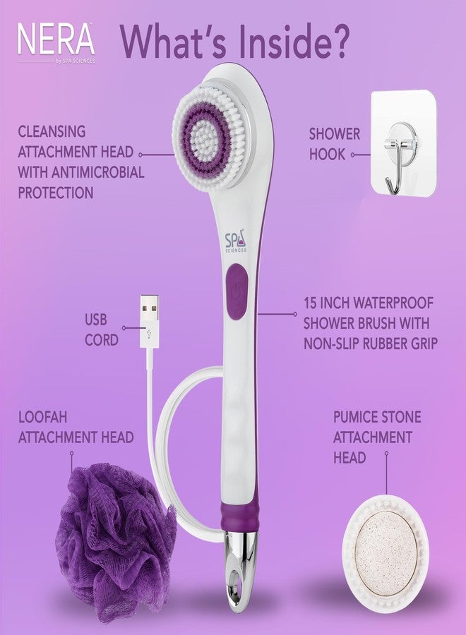 Spa Sciences - NERA - Power Shower Brush - 3-in-1 Multifunction Back & Body Brush - Exfoliation, Cleansing, Massaging - for All Skin Types - Includes Body Brush, Loofah, & Pumice Stone - USB Charging - Image 5