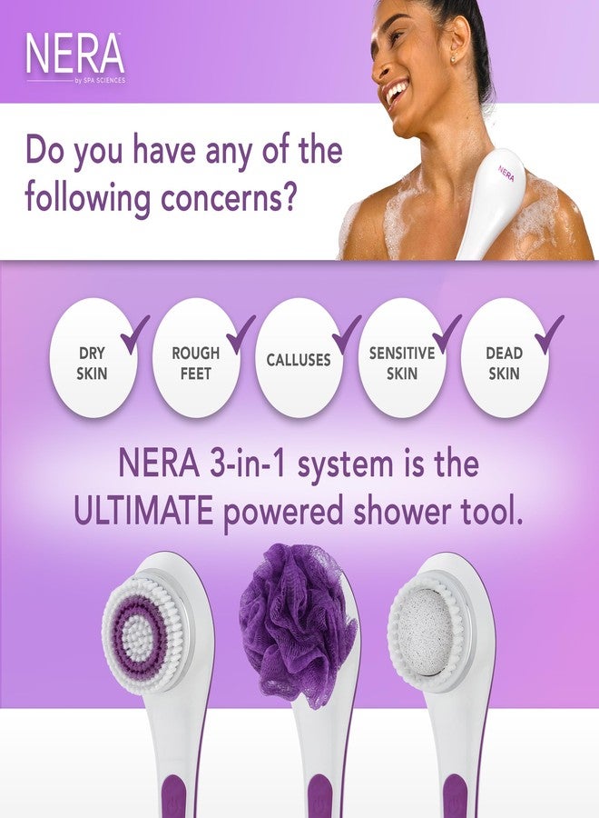 Spa Sciences - NERA - Power Shower Brush - 3-in-1 Multifunction Back & Body Brush - Exfoliation, Cleansing, Massaging - for All Skin Types - Includes Body Brush, Loofah, & Pumice Stone - USB Charging - Image 2