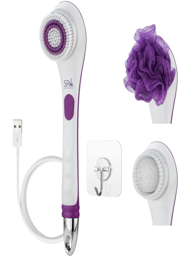 Spa Sciences - NERA - Power Shower Brush - 3-in-1 Multifunction Back & Body Brush - Exfoliation, Cleansing, Massaging - for All Skin Types - Includes Body Brush, Loofah, & Pumice Stone - USB Charging - Image 1