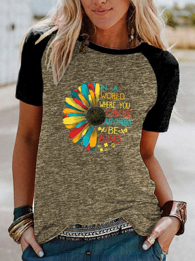 Cross-border wish ebay Amazon Daisy sunflower print Raglan contrast short sleeve t-shirt - Image 3