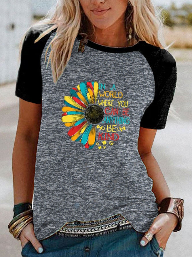 Cross-border wish ebay Amazon Daisy sunflower print Raglan contrast short sleeve t-shirt - Image 5
