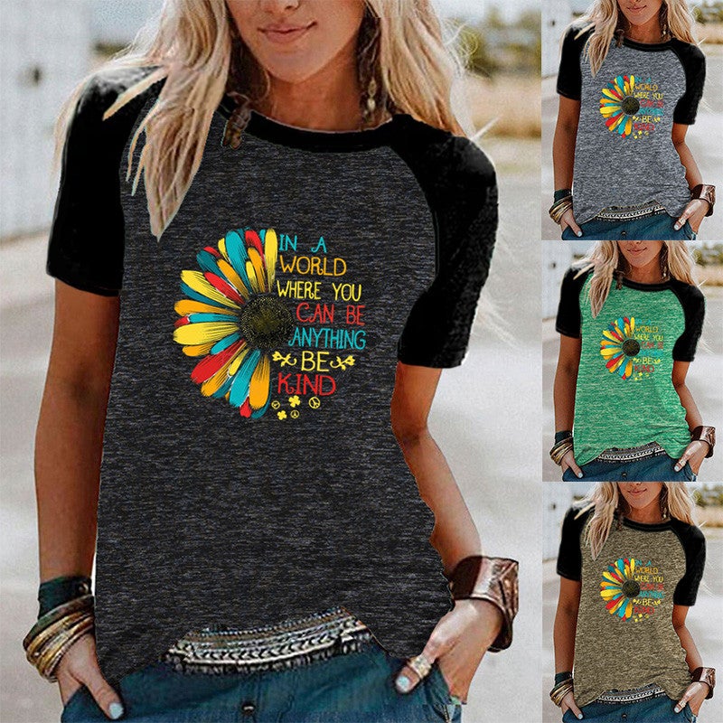 Cross-border wish ebay Amazon Daisy sunflower print Raglan contrast short sleeve t-shirt - Image 2