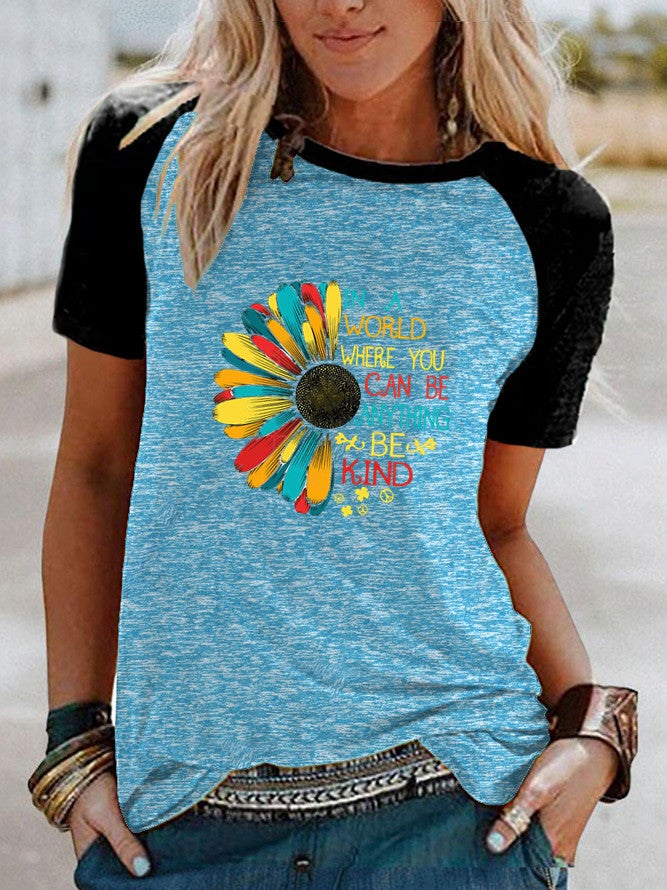 Cross-border wish ebay Amazon Daisy sunflower print Raglan contrast short sleeve t-shirt - Image 4