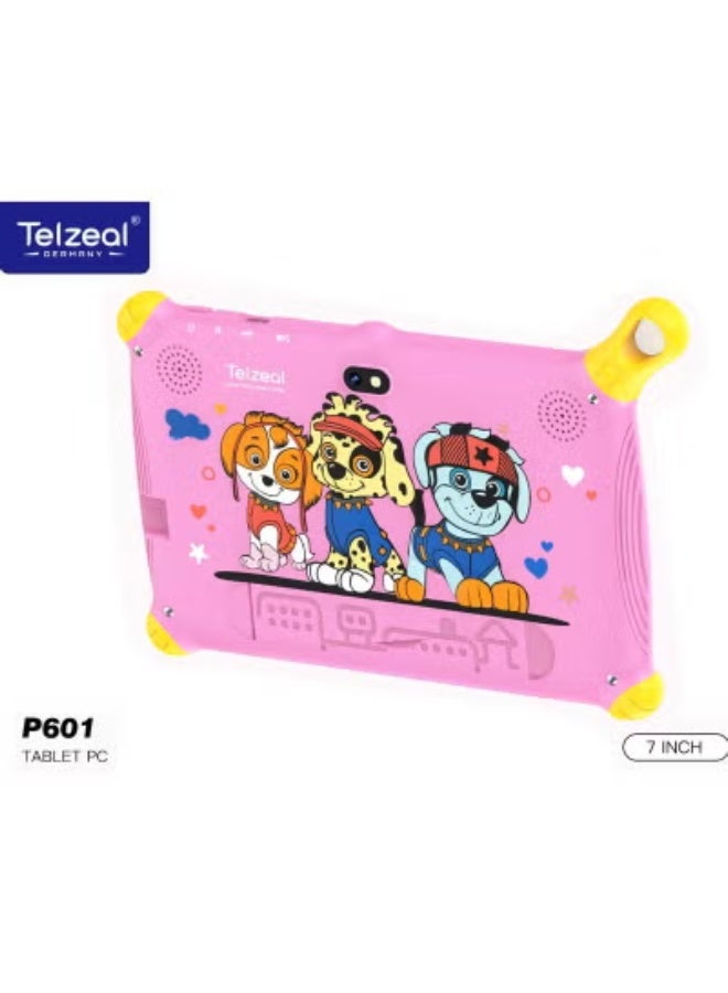 Telzeal P601 Kids Tablet, 7-Inch HD Touchscreen, Android 10.1, 6GB RAM, 128GB ROM, Wi-Fi, 3000mAh Battery, Parental Control, Preloaded Learning Apps, Shockproof Child-Safe Case – Pink - Image 1
