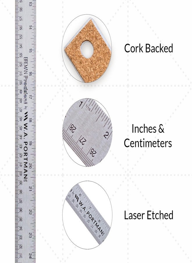 Breman Precision 36 Inch Stainless Steel Metal Ruler with Cork Backing - Flexible, Non-Slip, Precision Measuring Yardstick - Imperial & Metric - 36 inches - Image 2