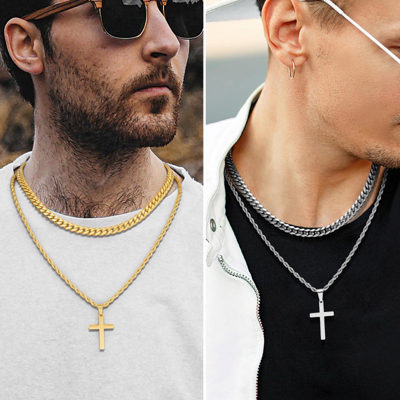 Romass 4Pcs Cross Necklace for Men,Stainless Steel Chains for Men Layered Necklaces Silver Gold Black Pendant Jewelry Box Gifts 18-24 Inches(4Pcs 18in/20in, Silver+Gold) - Image 2