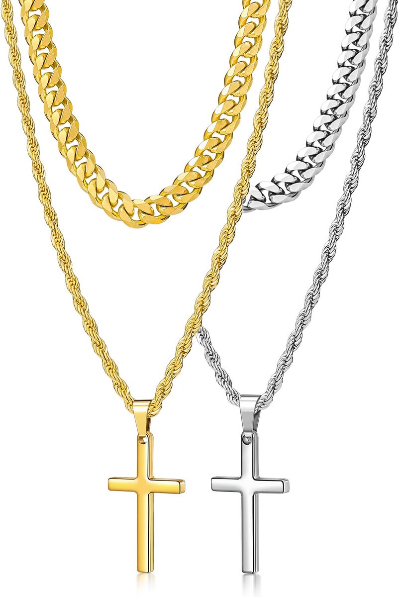 Romass 4Pcs Cross Necklace for Men,Stainless Steel Chains for Men Layered Necklaces Silver Gold Black Pendant Jewelry Box Gifts 18-24 Inches(4Pcs 18in/20in, Silver+Gold) - Image 1