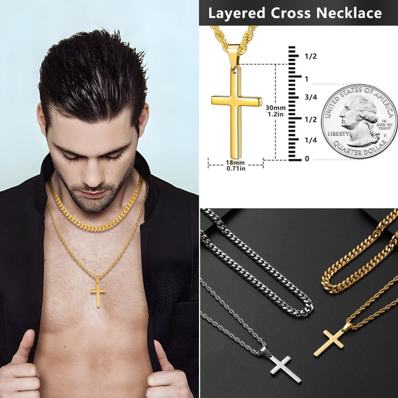 Romass 4Pcs Cross Necklace for Men,Stainless Steel Chains for Men Layered Necklaces Silver Gold Black Pendant Jewelry Box Gifts 18-24 Inches(4Pcs 18in/20in, Silver+Gold) - Image 5