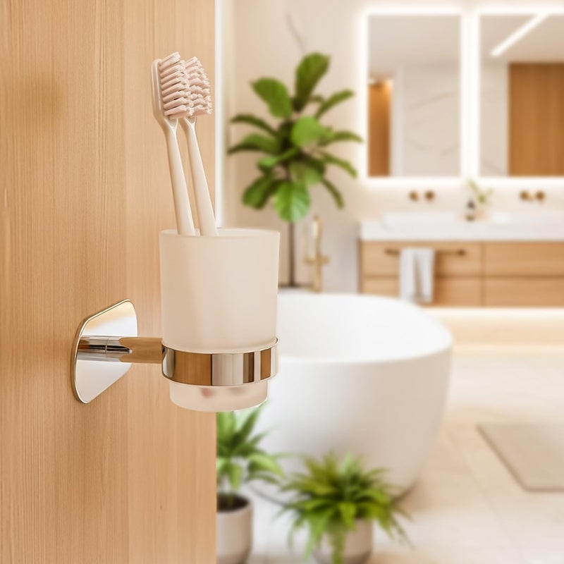 fixeify Self Adhesive Toothbrush Holder for Bathroom|Wall Mounted Stainless Steel SS304 Brush Stand |Chrome Finish Toothbrush Stand Glass Holder |No Drill 3M Tape Bathroom Accessories(Glass Tumbler) - Image 1