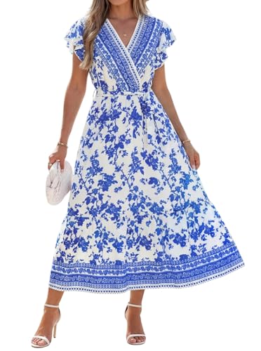 popvil Women Summer Floral Maxi Dress Wedding Guest 2026 Flowy Long Dress Boho Casual Wrap V Neck Ruffle Sleeve Tropical A-Line Dress Garden Party Beach Vacation(Blue,Medium) - Image 1