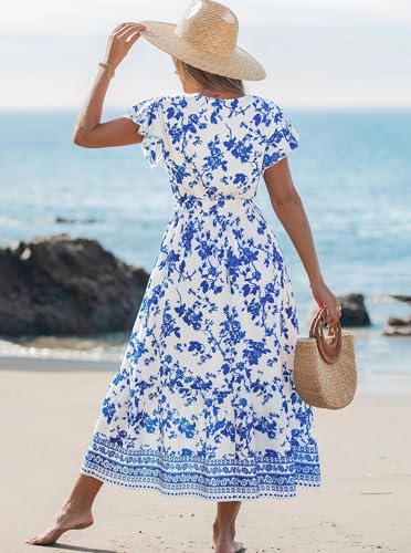 popvil Women Summer Floral Maxi Dress Wedding Guest 2026 Flowy Long Dress Boho Casual Wrap V Neck Ruffle Sleeve Tropical A-Line Dress Garden Party Beach Vacation(Blue,Medium) - Image 3