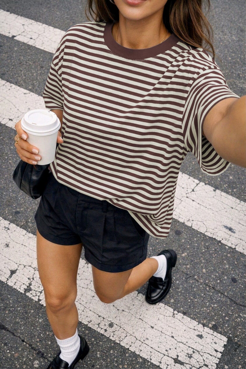 CHYRII Womens Oversized Striped T Shirts Short Sleeve Loose Fit Crewneck Summer Casual Y2K 2026 Basic Tee (Coffee XS) - Image 3