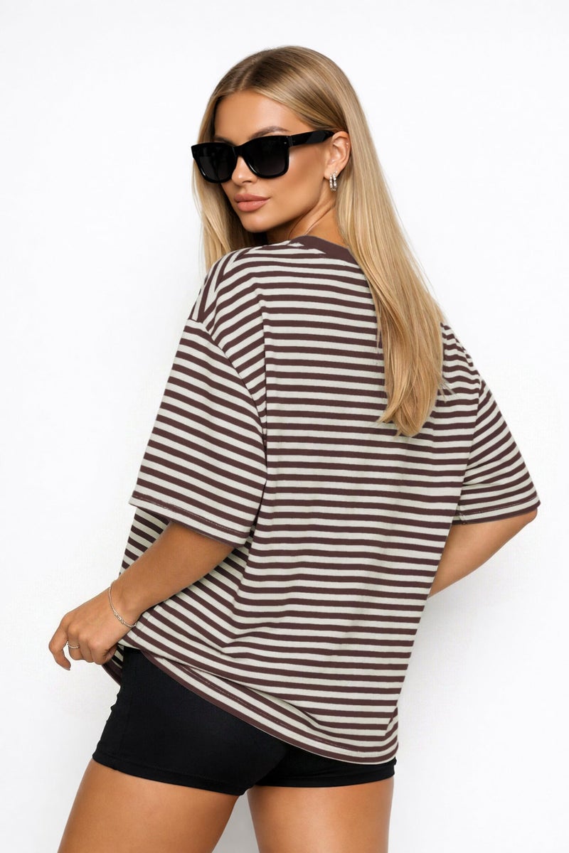 CHYRII Womens Oversized Striped T Shirts Short Sleeve Loose Fit Crewneck Summer Casual Y2K 2026 Basic Tee (Coffee XS) - Image 4
