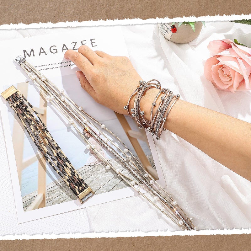 Luckam 6 Pcs Leather Wrap Bracelets for Women, Multi Layer Bohemian Cuff Bracelets Stack Bracelets, Handmade Clasp Bangle Bracelet, Jewelry Gift for Ladies and Mother - Image 3