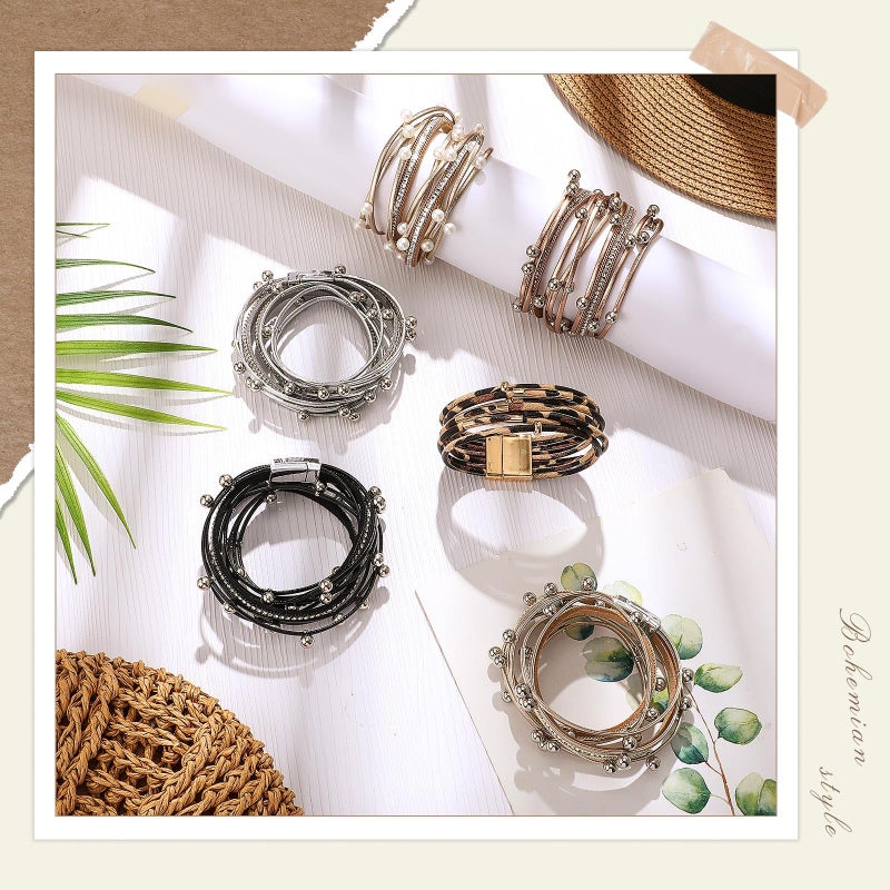 Luckam 6 Pcs Leather Wrap Bracelets for Women, Multi Layer Bohemian Cuff Bracelets Stack Bracelets, Handmade Clasp Bangle Bracelet, Jewelry Gift for Ladies and Mother - Image 4
