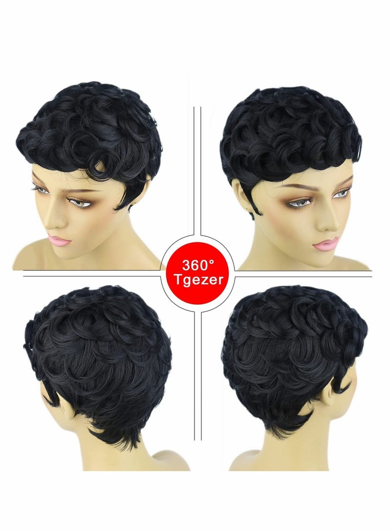 Excefore Black Short Wavy Hair Wigs, Short Curly Pixie Cut Wigs with Bangs Fluffy Natural Daily Wig Heat Resistant Synthetic Fiber Wigs - Image 5