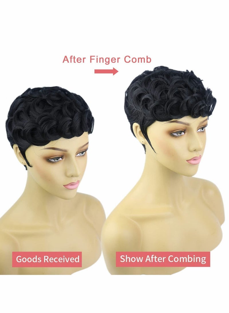 Excefore Black Short Wavy Hair Wigs, Short Curly Pixie Cut Wigs with Bangs Fluffy Natural Daily Wig Heat Resistant Synthetic Fiber Wigs - Image 2
